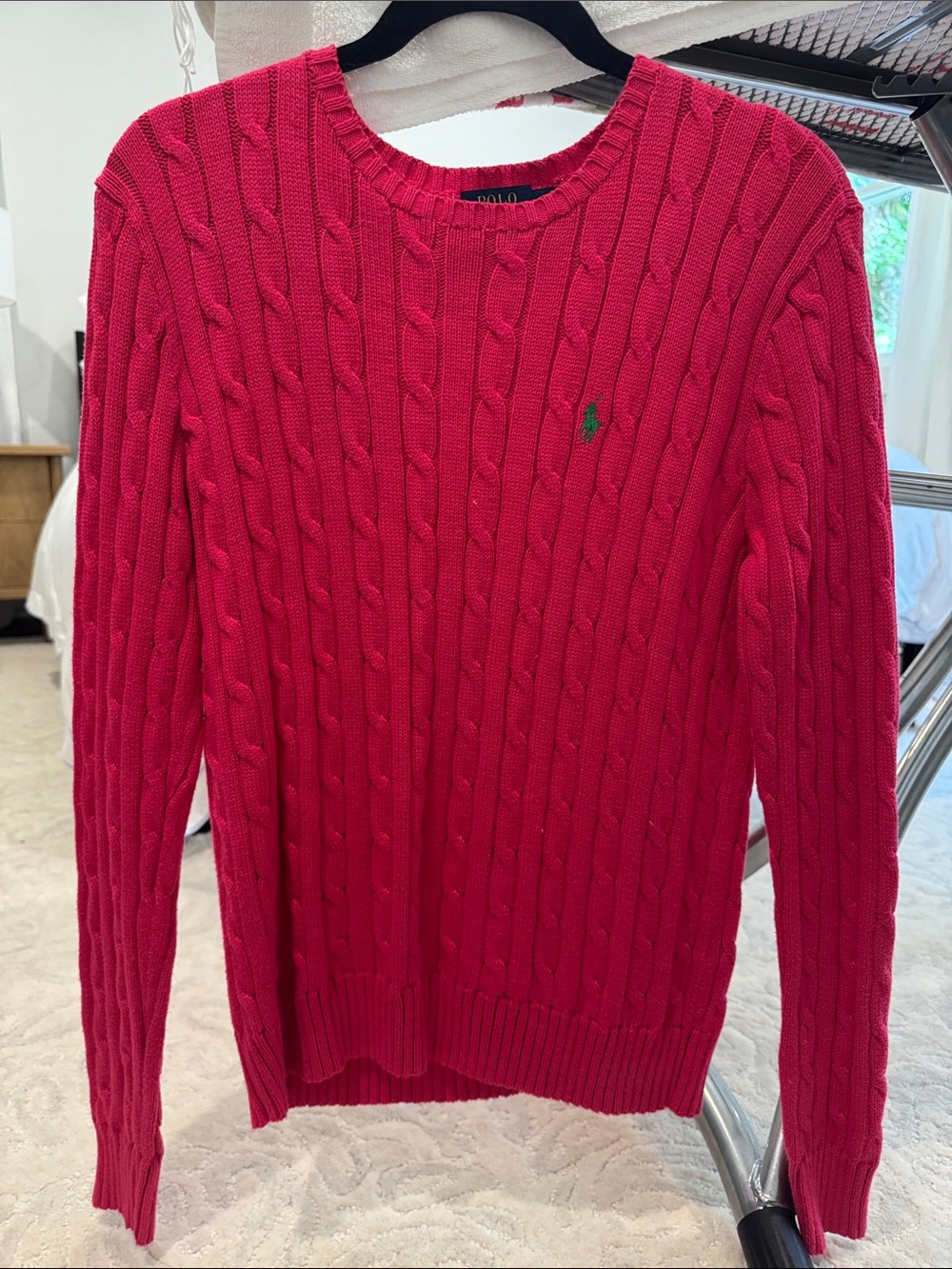 Ralph Lauren Women's Cable-Knit Crewneck Sweater - Hot Pink with Green Pony